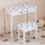 Black and white panda MDF painted finish, solid wood legs, 1-drawer children's dressing table set, LED three-color backlit touch switch - Image 3