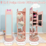 Pink, bow-themed, MDF (medium-density fiberboard) painted finish, 1-door, 1-shelf, rotatable base, children's jewelry mirror cabinet - Image 18