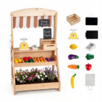 2-in-1 Kids Outdoor Mud Kitchen & Farmers Market Stand, Carbonized Fir Wood Pretend Grocery Store with 25 Pcs Play Food Accessories Double Chalkboards Planter Box - Image 3