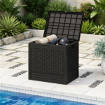 25 Gallon Outdoor Deck Box, Weatherproof PP Storage Chest with Rattan Texture, Lockable Patio Organizer Box as Side Table Extra Seat - Black - Image 5