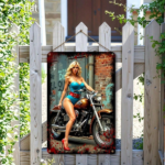 CIFbuy 1PC Vintage Blue Dress Woman On Motorcycle 2D Flat Metal Wall Art, Flat Metal Wall Art, Waterproof Witchcraft Graffiti Background Metal Sign, Graffiti Background Metal Sign, 12x8 In WomanikTok, WomanikTok, raft Graffiti Background Metal Sign Self- Mckup Logiop In - Image 2