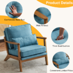 Mid-Century Oak Accent Chair - Linen-Cotton Navy Blue Upholstered Single Lounge Chair, Indoor Armchair with Sturdy Wood Frame (330LBS Weight Capacity) - Image 14