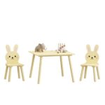 Kids Table and Chair Set with 2 Bunny Chairs, Children's Wooden Activity Table for Toddlers, Cute Animal Design Study Play Set for Playroom, Bedroom, Classroom - Cream Yellow - Image 19