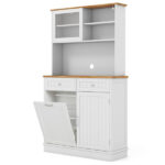 68-Inch Tilting Trash Cabinet with Hidden Trash Can & Multi-Storage Compartments, White & Natural Wood - Image 3