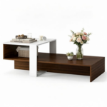 2-Tier Modern Geometric Coffee Table Engineered Wood Low Center Table with Storage Shelf, Waterproof Surface Cross Base Accent Table for Living Room Tea Game Work - Brown - Image 11