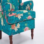 Modern Accent Chair with Retro Wood Legs, Comfy Upholstered Armchair, Floral Design Single Sofa Chair for Living Room Bedroom Office - Floral Cyan - Image 17
