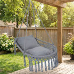 Gray Boho Macrame Hanging Swing Chair with 2 Padded Cushions, 330LBS Capacity Hammock Chair for Indoor Outdoor Bedroom Patio Balcony - Image 2
