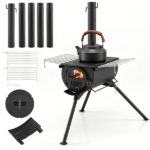 Portable Foldable Wood Burning Tent Stove with 5 Sections Chimney, Heavy Duty Carbon Steel Camping Stove with View Window & Cooking Racks for Outdoor Hunting Camping - Image 3