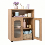 Natural Modern Engineered Wood Bathroom Cabinet with Open Compartment, Anti-Toppling Tall Storage Cabinet with Magnetic Door Catch for Living Room Entryway - Image 2
