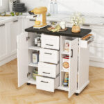 White Kitchen Island Cart with 4 Drawers & 2 Cabinets, 5 Universal Casters with Brakes​ - Image 9