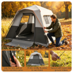 Gray Light-Blocking Outdoor Cabin Tent, Large 9x9ft Interior Windproof Rainfly Tent with Carry Bag Ground Stakes Ropes for Family Group Camping - Image 9