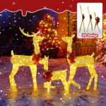 3-Piece Lighted Christmas Reindeer Family Set Outdoor Decorations, Weather Proof 2D Deer Family Set of 3 Christmas Ornament Home Decor Pre-lit 200 LED Warm White Lights with Stakes, Golden - Image 7