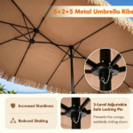15x9ft Double-Sided Tiki Patio Umbrella with Heavy Duty Weighted Base , 12 Metal Ribs Hawaiian PE Thatch Outdoor Market Umbrella Water Resistant Polyester Canopy for Poolside Tiki Bar Backyard - Image 6