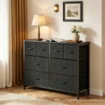8 Drawers Fabric Cabinet Metal Frame Wide Wood Top Storage Tower TV Stand Clothes Organizer for Bedroom Living Room,Black