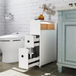 Slim White Bathroom Storage Cabinet (20"x7.5"x28.5") - Fits Tight Spaces (Tub-Toilet Gap), 2 Drawers + Open Shelf + Wicker Baskets - Image 7
