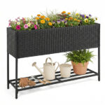 Black PE Rattan Elevated Planter with Lower Shelf, 101.6×30.48×71.12cm Raised Garden Bed with Drainage