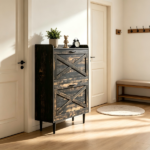2-Drawer Top-Mounted Barn Door Shoe Cabinet Melamine Board Embossed MDF Shoe Cabinet 31.61*9.45*39.37in Black Oak - Image 9