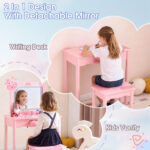 Pink MDF + solid wood legs, spray paint + silkscreen printing, cow pattern, 1-drawer children's dressing table set, LED three-color backlit touch switch - Image 5