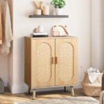 Modern Rattan Shoe Storage Cabinet with Double Doors and Adjustable Shelves, Accent Cabinet for Living Room, Bedroom, Hallway