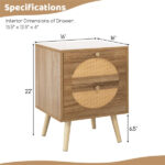 Set of 2 Bohemian 2-Drawer Bedside Table, 54.61×40.64×55.88 cm Natural Pine Wood Legs Nightstand, 88 lbs Capacity for Bedroom Living Room - Image 3