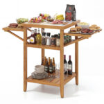 Acacia Wood Outdoor Grill Table with Drop Leaf, BBQ Prep Station with Faux Marble Resin Top
