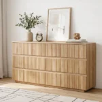 Handleless 6-Drawer Dresser with Grille Finish P2 Particleboard + MDF & Melamine Veneer + Vacuum-Formed Storage Cabinet 55.12*15.75*27.95in Oak