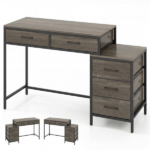 5 Drawer Computer Desk with Reversible Drawers & Printer Shelf, Industrial Home Office Writing Desk with Metal Frame - Oak - Image 5