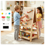 2-in-1 Wooden Kids Art Easel with Marble Run, Magnetic Whiteboard Standing Easel with Storage Shelves & Accessories for Kids 3+ - Image 2