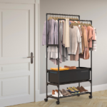 3 Tiered Portable Clothing Rack For Bedroom Entryway Double Hanging Rods Sturdy Iron Garment Rack With Double Height Rods Adjustable Storage Bag Lockable Universal Wheels Easy Assembly - Image 6