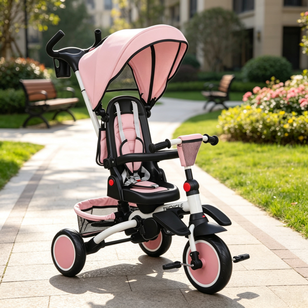 f6bf0560-6c27-41a6-bcbd-3f36fb9a7ade.png Pink 6-in-1 Convertible Kids Tricycle: 1-5Y Stroller Trike with Adjustable Push Handle, Removable Canopy & Reversible Seat - Image 1