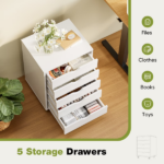 5 Drawer Storage Cabinet with Wheels for Bedroom, Home, Office Organization, White - Image 5