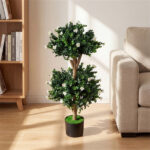 Set of 2 36" Artificial Boxwood Topiary Trees with Flowers, Indoor Outdoor Faux Plants - Image 5