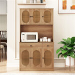 Natural Boho 6-Door Pantry Cabinet, PE Rattan Doors & Built-in Charging Station (2 AC Outlets + 2 USB Ports) - Image 5