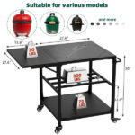 Outdoor Grill Table for Big Green Egg Style BBQ, Heavy Duty Metal Cart Prep Table with Wheels, Storage Shelf, Hooks and Removable Central Cover, Compatible with Large Big Green Egg Grill - Image 9
