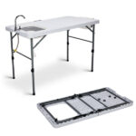 50" Folding Fish Cleaning Table with Sink, Bi-Folding Portable Camping Sink Station with Drain Hose, Trash Can, Foldable Outdoor Sink for Camping, Fishing, BBQ - Image 5