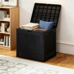 25 Gallon Outdoor Deck Box, Weatherproof PP Storage Chest with Rattan Texture, Lockable Patio Organizer Box as Side Table Extra Seat - Black - Image 8