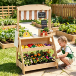 2-in-1 Kids Outdoor Mud Kitchen & Farmers Market Stand, Carbonized Fir Wood Pretend Grocery Store with 25 Pcs Play Food Accessories Double Chalkboards Planter Box - Image 9