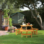 6-Person Outdoor Circular Wooden Picnic Table with 3 Built-In Benches, Outside Table and Bench Set for Porch Backyard Patio Lawn Garden - Image 5