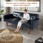 Modern PU Leather Futon Sofa with Tufted Backrest, Adjustable Reclining Couch with Wood & Metal Legs, Mid-Century Style Sofa for Living Room - Image 10