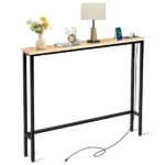 Same Code 71691605 39.4" Narrow Console Sofa Table with Power Outlets and USB Ports, Skinny Couch Table with Metal Frame and Charge Station with 4.9ft Extension Cord, Oak