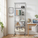 6-layer display rack with adjustable layer spacing, freely combinable and detachable, featuring a row of 6 side hooks, adjustable feet and wheels. Made of iron, 55*30*165cm, powder-coated silver-gray