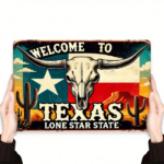 CIFbuy Vintage Texas Welcome Sign 8x12 Inch Aluminum Wall Decor, Rustic Bull Skull & Cactus 2D Flat Metal Plaque For Home Office Bedroo TikTok, TikTok, Self-pickup Logiopics - Image 2