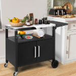 Outdoor Grill Cart with Storage, Rolling Bar Cart Movable Kitchen Island for BBQ, Patio Dining Cart Table for Food Prep with Wheels Hooks Foldable Top - Image 9