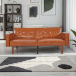 Modern PU Leather Futon Sofa with Tufted Backrest, Adjustable Reclining Couch with Wood & Metal Legs, Mid-Century Style Sofa for Living Room - Image 7