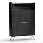 Shoe cabinet with slatted front panel and side panels, two compartments with top flip-up lids, two hooks, and high legs. Particleboard cabinet body, MDF vacuum-formed doors. 80*24*120cm, Black - Image 3