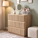 Handleless Grille-Finished 3-Drawer Bedside Table P2 Particleboard + MDF & Melamine Veneer + Thermoformed Drawer Cabinet 23.62*12.99*22.05in Oak - Image 16