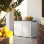 Outdoor Storage Shed, 34 Cu Ft Horizontal Outdoor Storage Cabinet, Lockable Outdoor Storage Box for Garbage Cans, Lawn Mower and Tools, Grey & White - Image 7