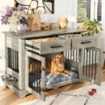 44.48" Large Dog Crate Furniture, Indoor Wooden Dog Kennel End Table with 2 Storage Drawers and Rotating Bowls, Decorative Pet Cage Dog House for Medium Dogs, Gray - Image 11