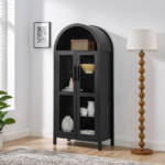 A high arched storage cabinet with a lamp, a modern retro-style wooden storage cabinet with adjustable glass partitions, suitable for use as a multi-functional cabinet in kitchens-Black
