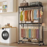 45 Inch Rolling Clothes Rack, Adjustable Metal Shelves, Heavy Duty Clothes Rack with Side Hooks for Household, Laundry Room, Black (Shipment from Walmart) - Image 5